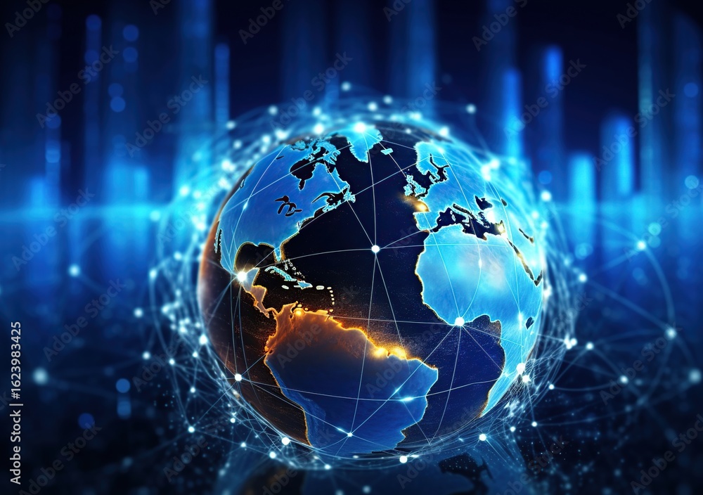 Fototapeta premium overview of the globe with an internet connection, Telecommunication and data transfer, Communication technology with global internet network