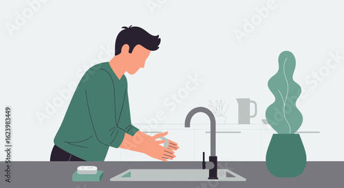 Daily Hygiene Routine Illustration Man Washing Hands In The Bathroom