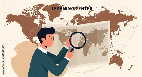 A Man Examining A World Map With A Magnifying Glass At Center