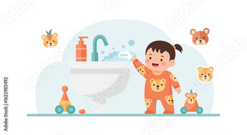 Adorable Little Girl Washing Her Hands At The Sink With Soap