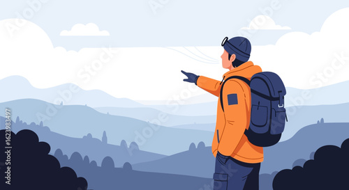 Adventurer Exploring Remote Mountain Landscape During Cold Weather Season