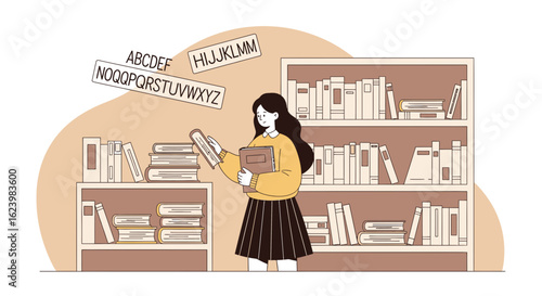 Female Student Selecting Book For Study In A Library With Alphabet