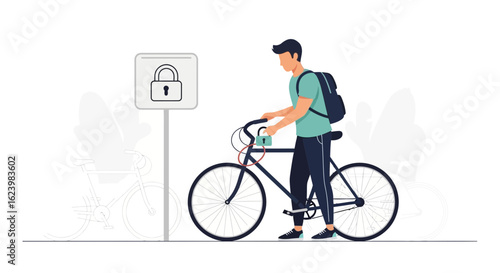 Bicycle Commuter Securing His Bike To a Public Rack With Modern Illustration
