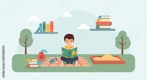 Boy Enjoying Reading Outdoors on Picnic Blanket in Whimsical Illustration