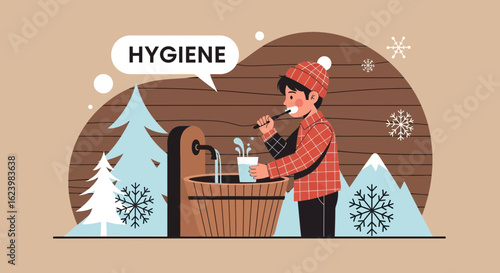 Boy Brushing Teeth In Wintertime Scene Showing The Importance Of Hygiene