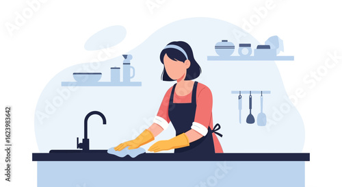 Female Wiping Kitchen Counter Doing Chores at Home Housewife Cleaning Concept