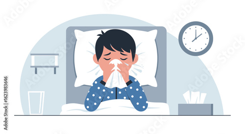 Boy Feeling Sick Lying In Bed With Flu Symptoms And Using Tissues