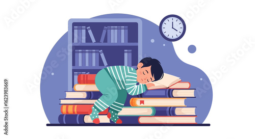 Boy Fell Asleep On Books Near Bookshelf With Clock In Background