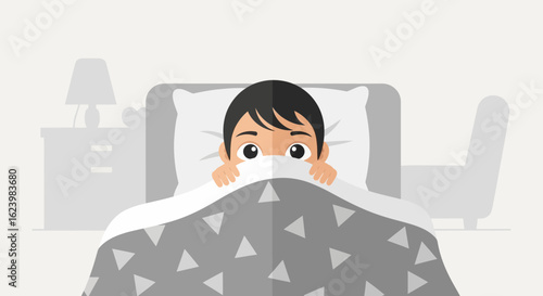 Boy Hiding Under Sheets In Bed Representing Shyness Or Childhood Fear
