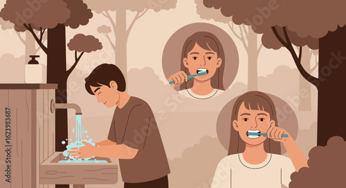 Daily Hygiene Routine With Hand Washing and Toothbrushing In Nature