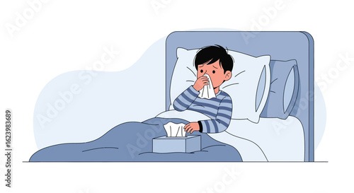 Boy In Bed Suffering From Cold Or Flu, Child Illness Concept
