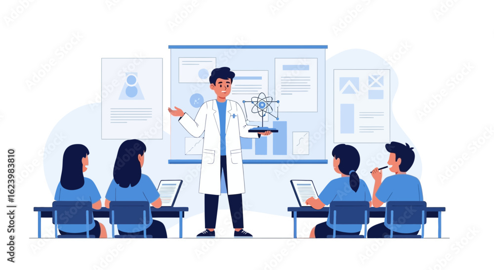 Fototapeta premium Dedicated Scientist Explaining Molecular Structures to Students in the Classroom