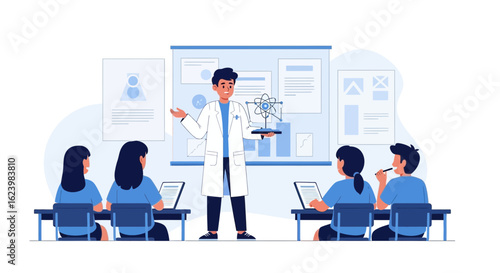 Dedicated Scientist Explaining Molecular Structures to Students in the Classroom