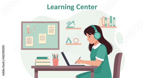 Dedicated Student Engaged In Online Learning At Home Education Vector Illustration