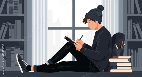 Boy Sitting By The Window Writing In A Notebook At Home