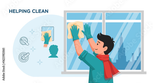 Dedicated Young Man Carefully Cleans Windows with a Rag and Protective Gloves