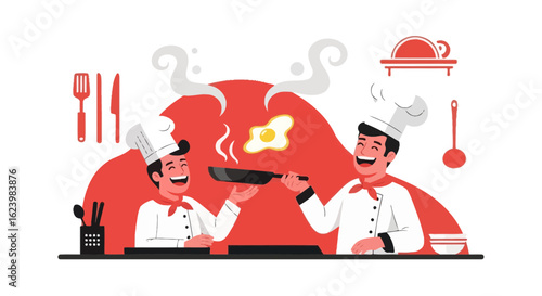 Delightful Chefs Preparing Sunny Side Up Eggs With Culinary Utensils