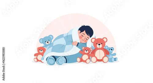Boy Sleeping Soundly Surrounded By Stuffed Animals Underneath A Cozy Blanket