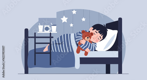 Boy Sleeping Peacefully Hugging His Teddy Bear On His Bed At Night