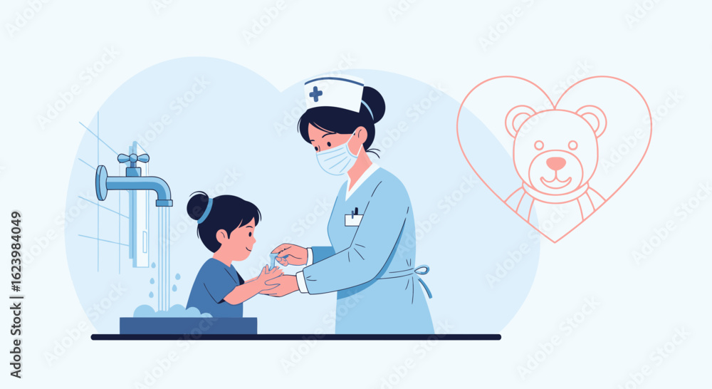 Obraz premium Caring Nurse Shows A Child How To Wash Her Hands Correctly In A Friendly Environment