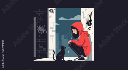 Despair And A Little Black Cat Support On A Gloomy Urban Landscape