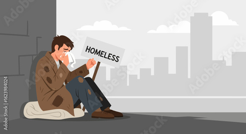 Desperate Man Begging On Street Displaying Homelessness Illustration Concept