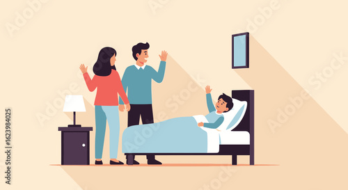 Caring Family Visiting Sick Child at Home with Affection and Support