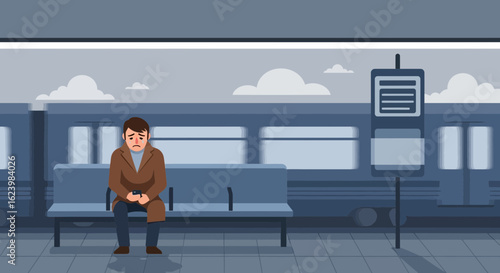 Despondent Commuter Waits On Cold Railway Platform Using Mobile Phone