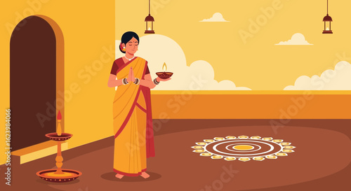 Devotee Offering Prayers With Diya Celebrating Festival Of Lights At Home