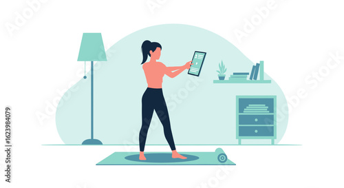 Digital Fitness At Home Girl Using Tablet for Online Yoga Lessons