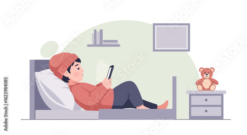 Cartoon Boy Lying on Bed while Using Smartphone in His Bedroom Interior