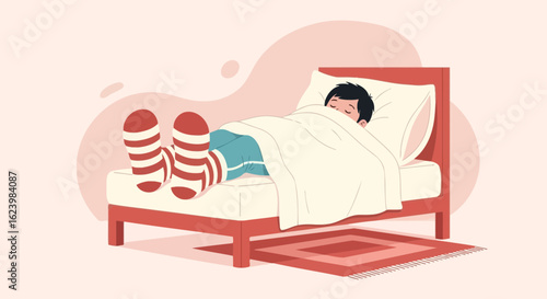 Cartoon Person Sleeping Peacefully In Bed Wearing Striped Socks Illustration