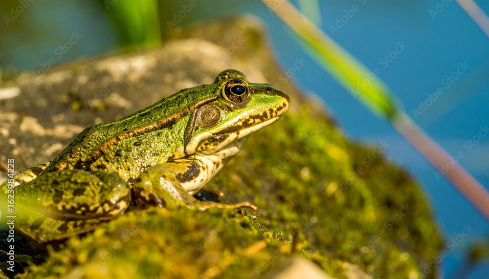 Fototapeta premium A vibrant green marsh frog resting on a mossy rock in the warm afternoon sun by a pond.