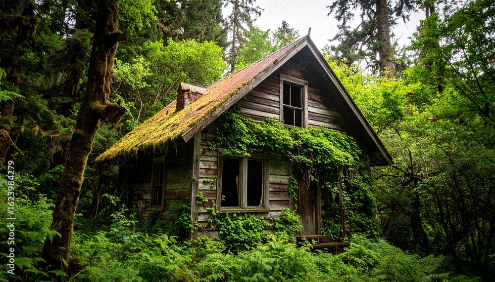 A rustic wooden cabin overgrown with lush green vines and moss in a dense forest wilderness. A rustic wooden cabin overgrown with lush green vines and moss in a dense forest wilderness.