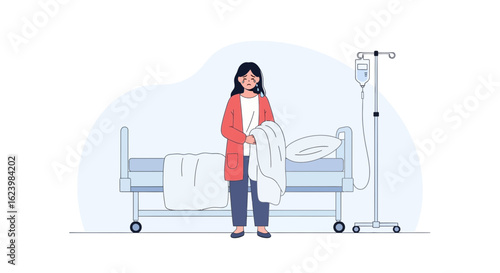 Distressed Woman Holds Fabric In Front Of Empty Hospital Bed Alone Sadness
