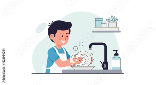 Cheerful Boy Assists In Washing Dishes As Part Of Household Chores