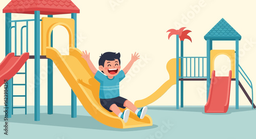 Cheerful Boy Enjoying a Playground Slide on a Sunny Day Illustration