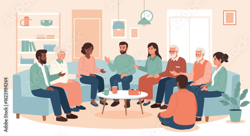 Diverse Group Engaged In Meaningful Discussion Around Living Room Setting