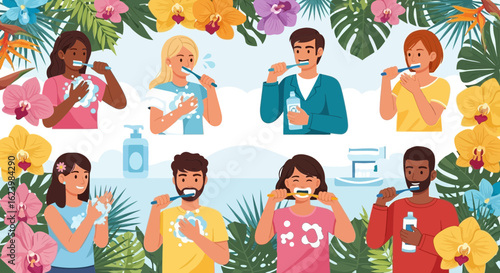 Diverse People Maintaining Oral Hygiene Surrounded By Tropical Flora And Fauna