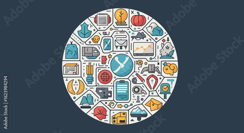 Diverse Line Icons Arranged Harmoniously Depicting Varied Subjects And Activities