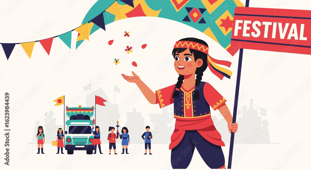 Cheerful Girl Celebrating Local Festival With Colorful Garlands And Festive Float Cheerful Girl Celebrating Local Festival With Colorful Garlands And Festive Float