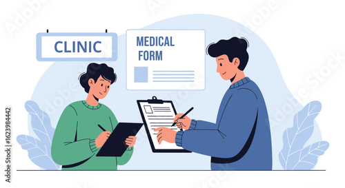 Doctors Complete Medical Records with Clipboard at Clinic Vector Illustration