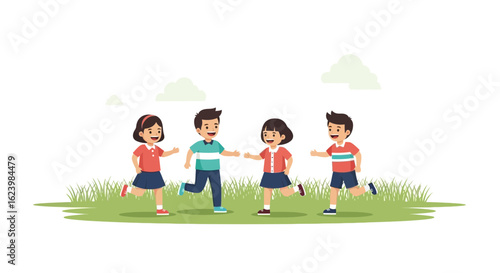 Cheerful Kids Running On A Green Meadow, Playful Childhood Fun Scene