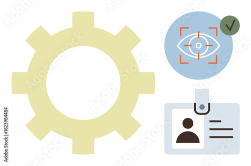 Gear wheel, biometric eye scan with verification checkmark, and ID badge combine to depict automation, identity verification, security, authentication, access control, technology, and efficiency
