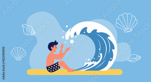 Cheerful Man Sitting On The Beach Facing Giant Wave With Seashell Background
