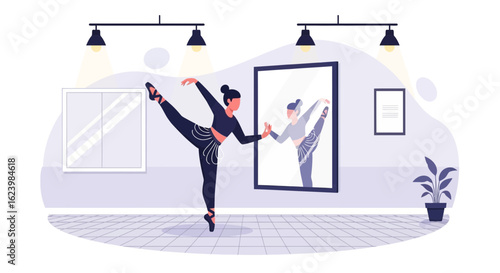 Elegant Ballerina Perfecting Dance Moves In Studio With Mirror Reflection