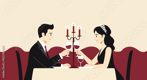 Elegant Couple Toasting At Romantic Candlelit Dinner Date Illustration