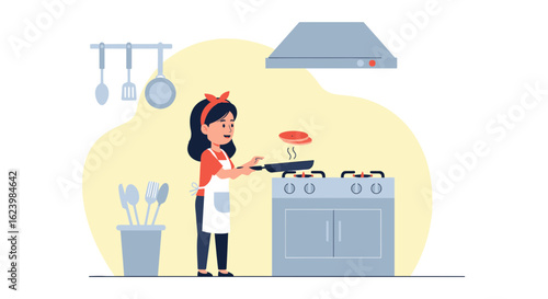 Cheerful Woman Flips Pancakes In a Pan On The Stove In The Kitchen