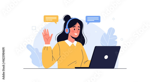 Cheerful Young Woman Engaged In Online Meeting Using Laptop And Headset