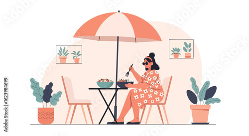 Elegant Lady Enjoying Al Fresco Dining Under a Patio Umbrella Outdoors